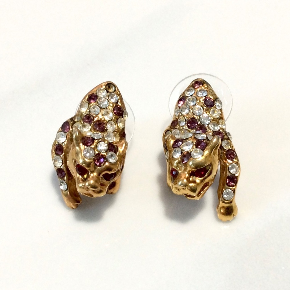 Vintage Leopard/Jaguar/Panther Earrings for Pierced Ears Encrusted with Crystals